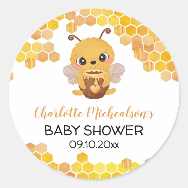 Pegatina Redonda Bee Baby Shower Honeycomb Neutral (Anverso)