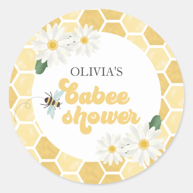 Pegatina Redonda Bee Baby Shower honeycomb y daisies (Anverso)