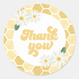 Pegatina Redonda Bee Baby Shower honeycomb y daisies Gracias
