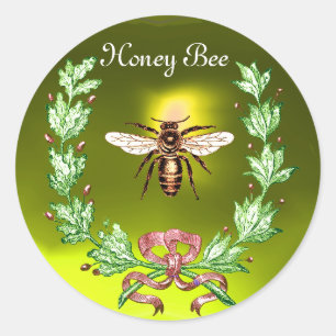 PEGATINA REDONDA BEE DE MIEL, RESPIRACIÓN CON HOJAS DE ROBLE Y RIBÓ