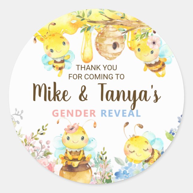 Pegatina Redonda Bee gender reveal thank you stickers, bumblebee. (Anverso)