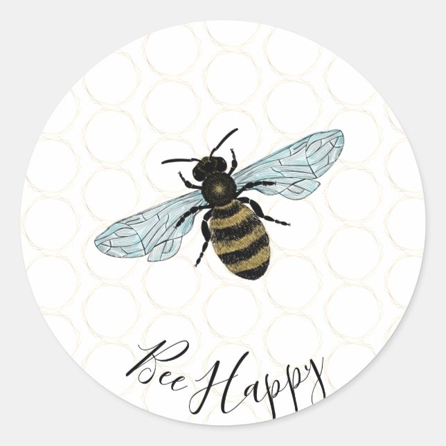 Pegatina Redonda Bee Happy (Anverso)