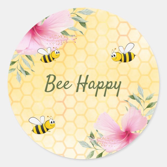 Pegatina Redonda Bee Happy bumble abejas honeycomb florines de vera (Anverso)