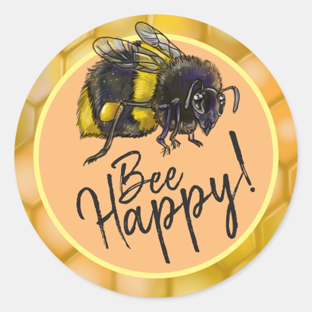 Pegatina Redonda ¡Bee Happy! Bumblebee (Anverso)