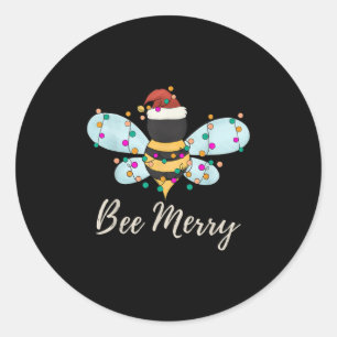 Pegatina Redonda Bee Merry Christmas Bee Wee Santa Hat Xmas Light