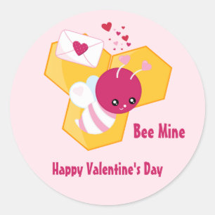 Pegatina Redonda Bee Mine Cute Aee con Corazones Pink Valentine