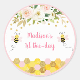 Pegatina Redonda Bee Pink Gold Floral Birday
