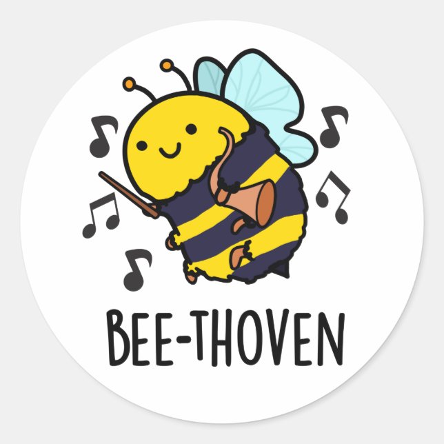 Pegatina Redonda Bee-thoven Funny Music Bee Pun (Anverso)