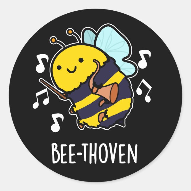 Pegatina Redonda Bee-thoven Funny Music Bee Pun Dark BG (Anverso)