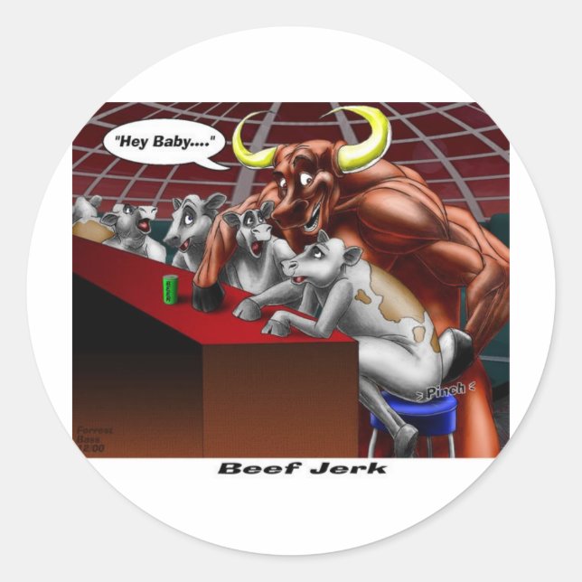 Pegatina Redonda Beef Jerky Origins Funny Cow & Bull Personalizados (Anverso)