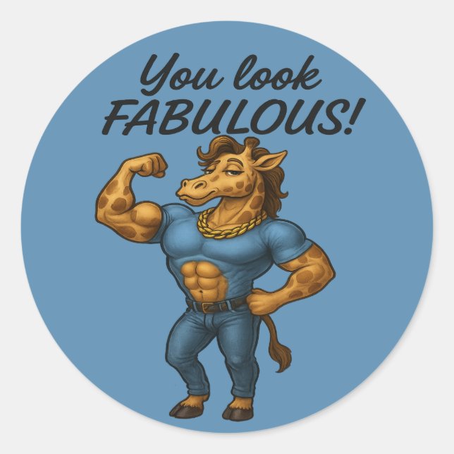 Pegatina Redonda Beefcake Giraffe - Fabuloso y flexado (Anverso)