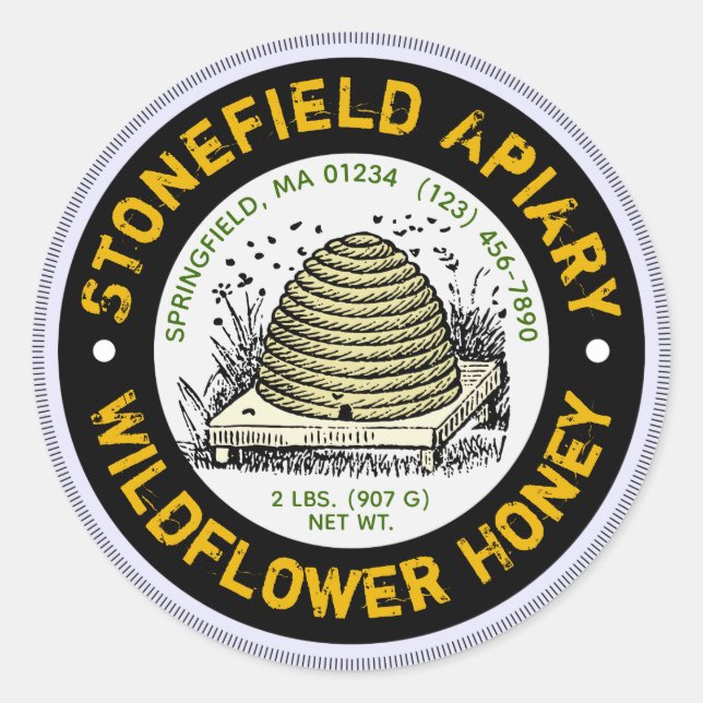 Pegatina Redonda Beehive Apiary Name Lavender Honey Jar Pegatinas (Anverso)