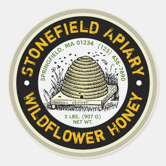 Pegatina Redonda Beehive Apiary Name Wildflower Honey Jar Pegatinas (Anverso)