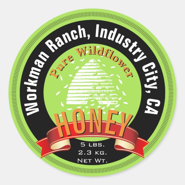Pegatina Redonda Beehive y Personalizado Ronda texto Honey Jar (Anverso)