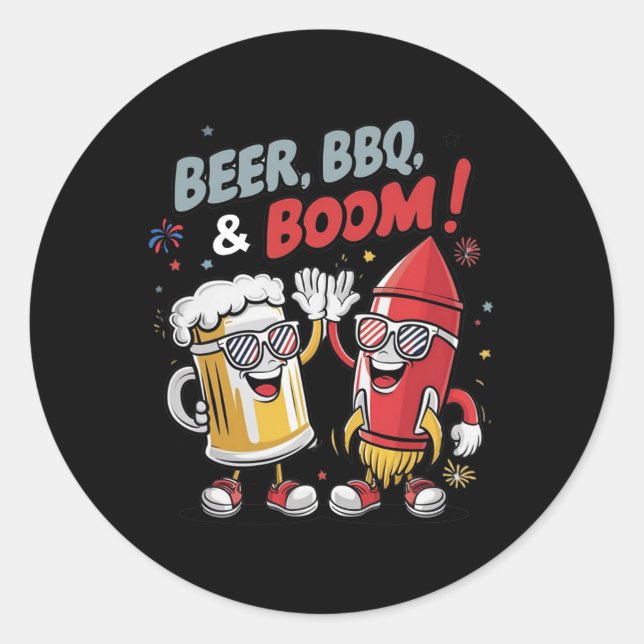 Pegatina Redonda Beer Bbq Boom Funny Fiesta (Anverso)