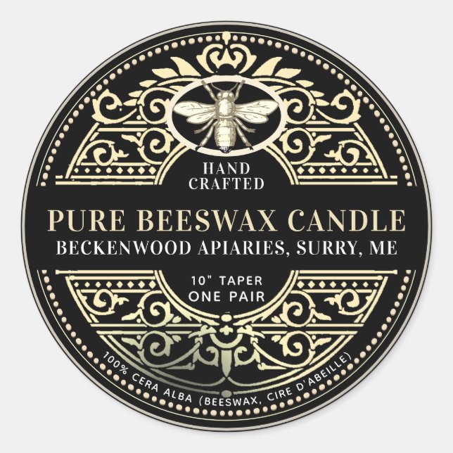 Pegatina Redonda Beeswax Candle Heraldic Bee Product Label (Anverso)