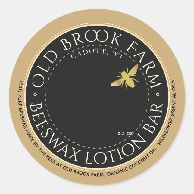 Pegatina Redonda Beeswax Lip Balm Gold Black Flower Bee (Anverso)