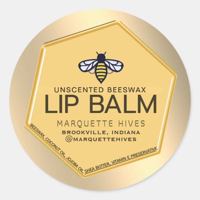 Pegatina Redonda Beeswax Lip Balm Hexagón amarillo 3D con abeja (Anverso)