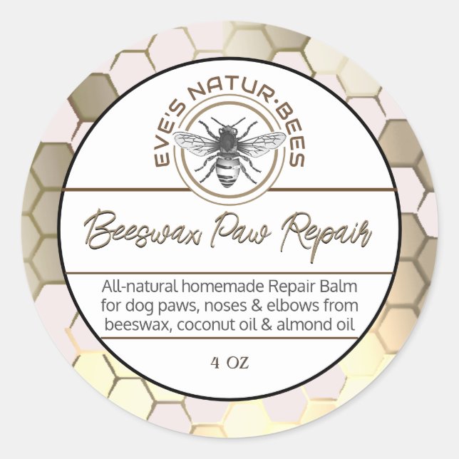 Pegatina Redonda Beeswax Paw Repair Bee Apiary Logo Honeycomb (Anverso)