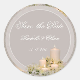 Pegatina Redonda Beige e Ivory Candle Flower salvan la fecha Boda