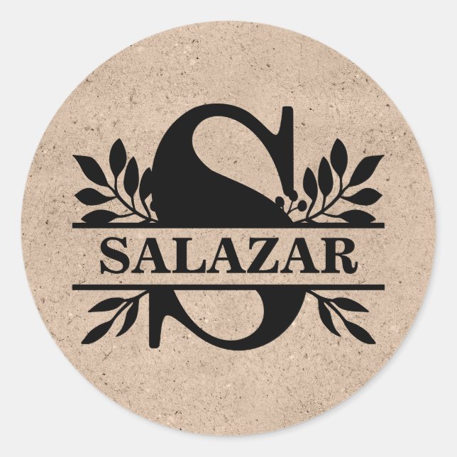 Pegatina Redonda Beige Faux Kraft Black Leaves Split Monograma S (Anverso)