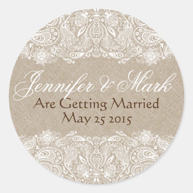 Pegatina Redonda Beige Faux Linen Burlap & White Paisley Lace (Anverso)