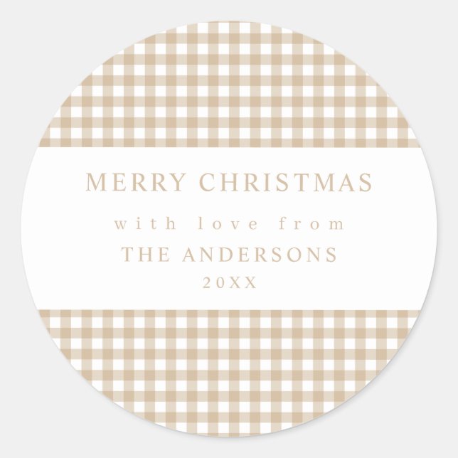 Pegatina Redonda Beige Gingham Christmas (Anverso)