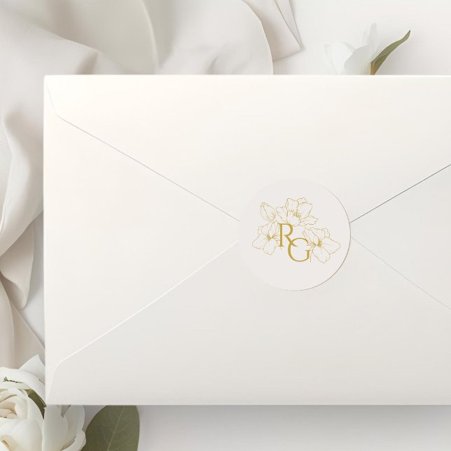 Pegatina Redonda Beige Ivory | Floral Faux Gold Monogram Wedding  (Subido por el creador)