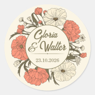 Pegatina Redonda Beige Red Vintage Wedding Sticker Illustrative 