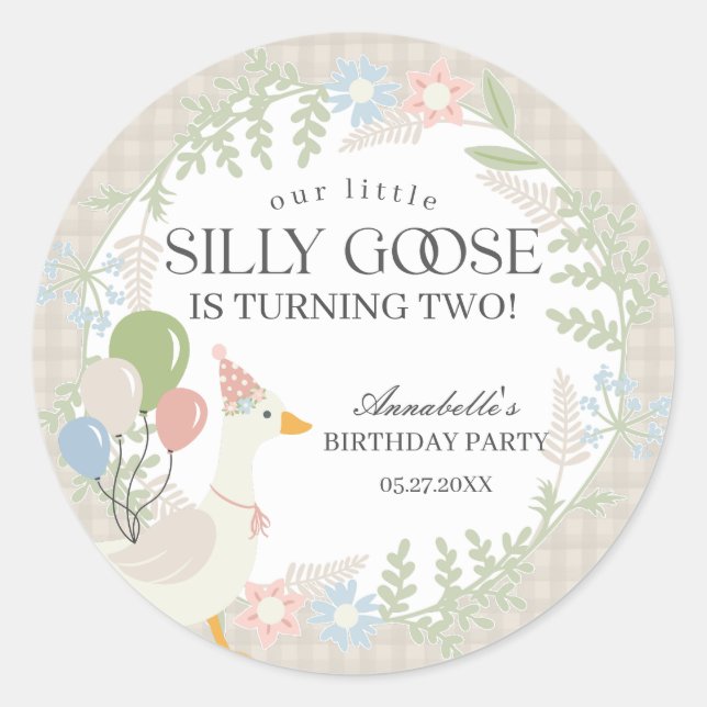 Pegatina Redonda Beige Silly Goose Floral Gingham Baby Shower Favor (Anverso)