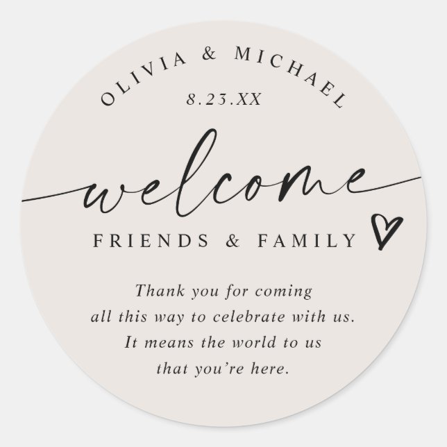 Pegatina Redonda Beige-Tan Boda moderno bienvenida Bag Hotel Bag (Anverso)