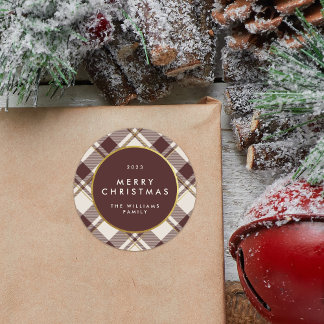 Pegatina Redonda Beige y Rojo Oscuro Tartán Cuadros Navideños
