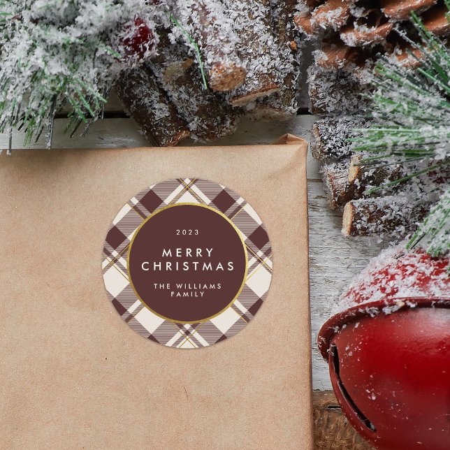 Pegatina Redonda Beige y Tartán de Cuadros Rojo Oscuro Feliz Navida (Subido por el creador)