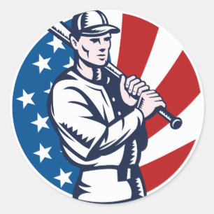 Pegatina Redonda Béisbol con leña de la bandera de los estados unid