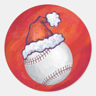 Pegatina Redonda Béisbol con Santa Hat en rojo