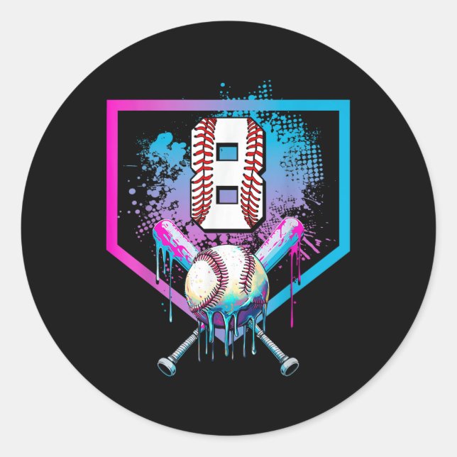 Pegatina Redonda Béisbol Drip 8Cumpleaños Hogar Niños Jóvenes 8 (Anverso)