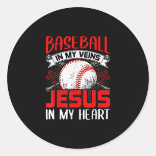 Pegatina Redonda Béisbol En Mis venas Jesús En Mi Corazón Béisbol