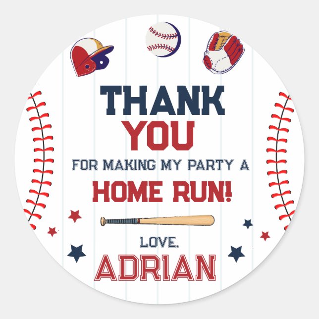 Pegatina Redonda Béisbol Favor gracias cumpleaños (Anverso)