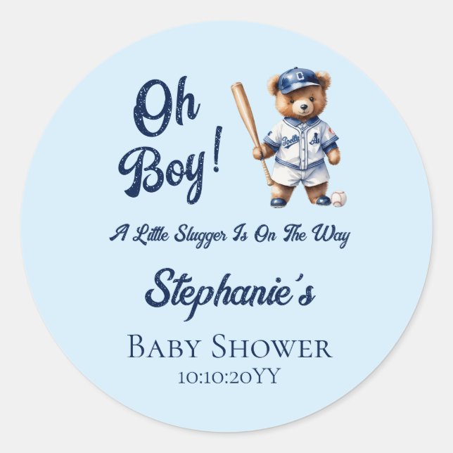 Pegatina Redonda Béisbol Oh Boy Baby Shower Cuear Bear (Anverso)