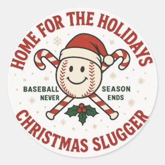 Pegatina Redonda Béisbol Retro de Navidad "Hogar para las Fiestas" 