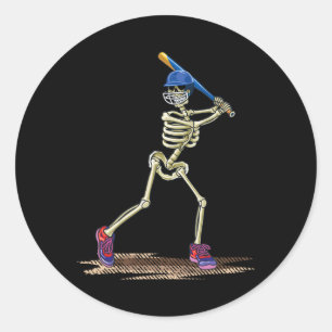 Pegatina Redonda Béisbol Skeleton Halloween Hombres Salón de Béisbo