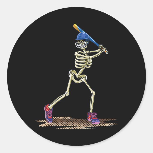 Pegatina Redonda Béisbol Skeleton Halloween Hombres Salón de Béisbo (Anverso)