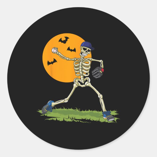 Pegatina Redonda Béisbol Skeleton Halloween Hombres Salón de Béisbo (Anverso)