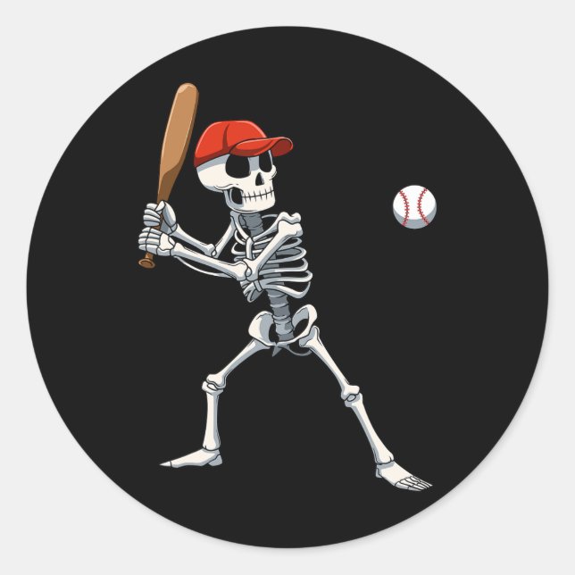 Pegatina Redonda Béisbol Skeleton Halloween Skeleton (Anverso)