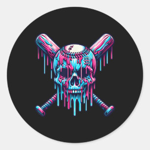Pegatina Redonda Béisbol Skull Drin Béisbol Béisbol Ice Cre