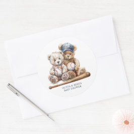 Pegatina Redonda Béisbol Teddy Bears Twins Baby Shower