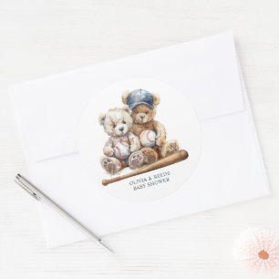 Pegatina Redonda Béisbol Teddy Bears Twins Baby Shower