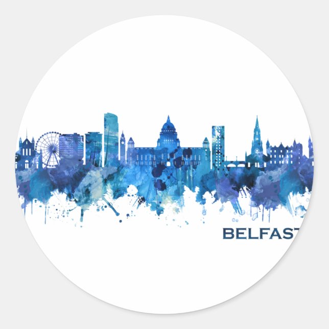Pegatina Redonda Belfast Northern Ireland Skyline Blue (Anverso)
