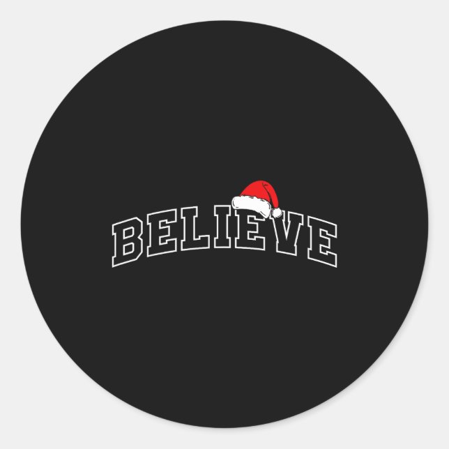Pegatina Redonda Believe Christmas Varsity Minimal Text Santa Hat F (Anverso)