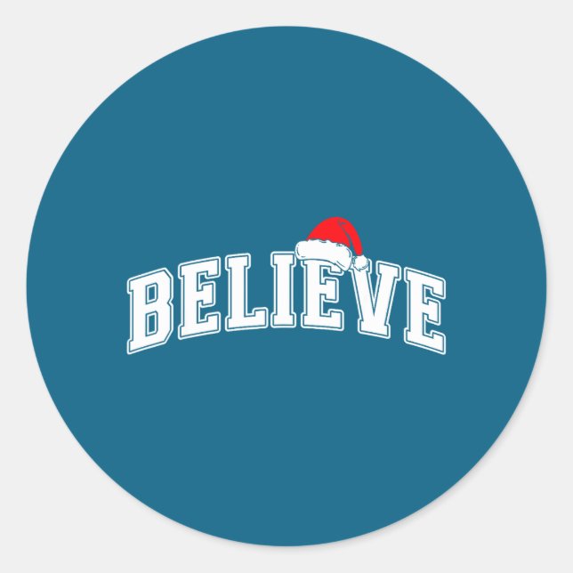 Pegatina Redonda Believe Christmas Varsity Text With Santa Hat Fami (Anverso)